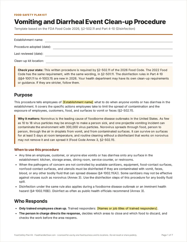 The first page of the vomiting and diarrheal event clean-up procedure