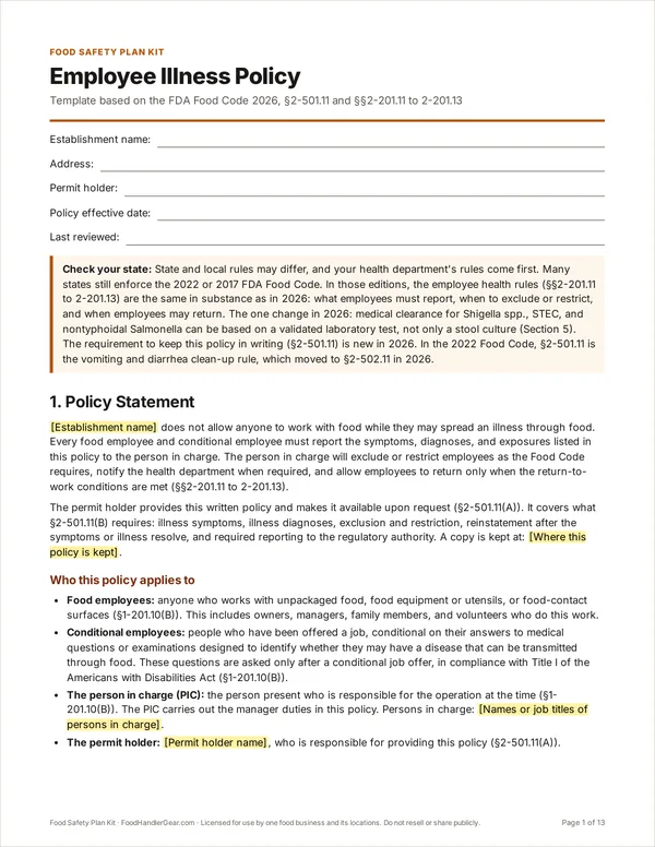 The first page of the Employee Illness Policy, with highlighted fields for the business name