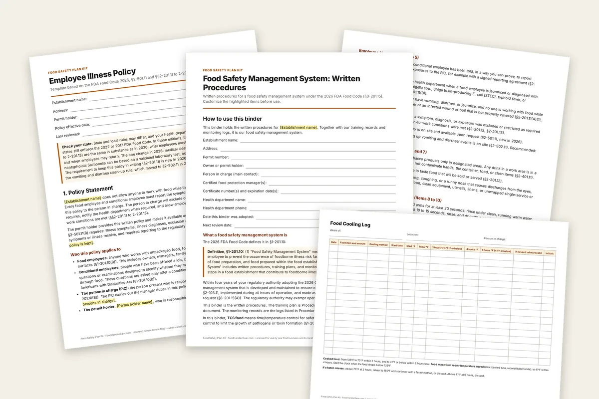 Pages from the Food Safety Plan Kit: the written procedures binder, the employee illness policy, the self-inspection checklist, and a food cooling log