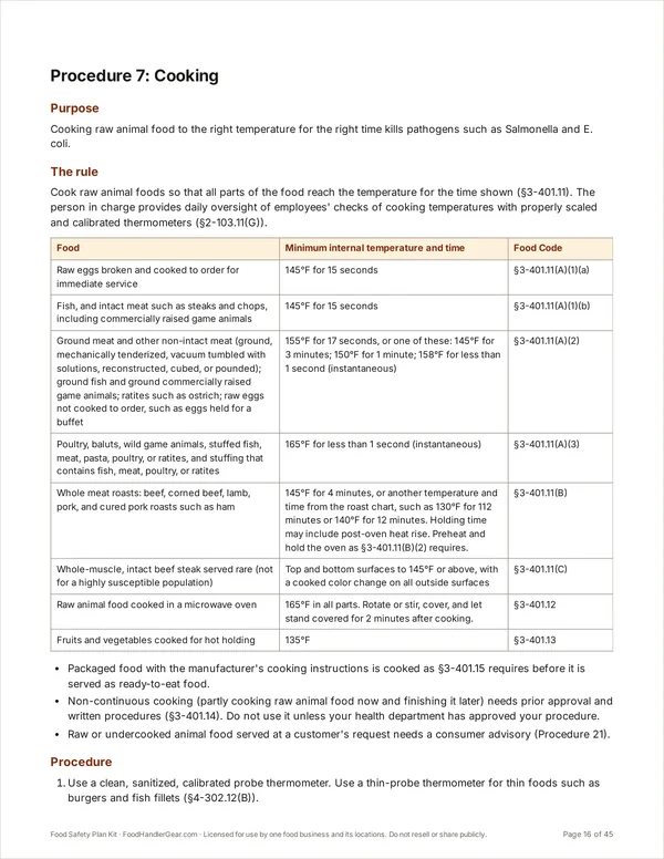 A written procedure page: Procedure 7, Cooking, with the Food Code cooking temperature table
