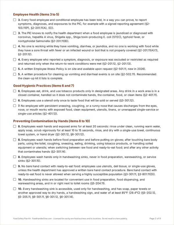 A page of the self-inspection checklist with checkboxes for employee health and handwashing items