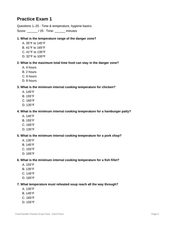The first page of Practice Exam 1: questions on the danger zone, holding time, and cooking temperatures, each with four choices
